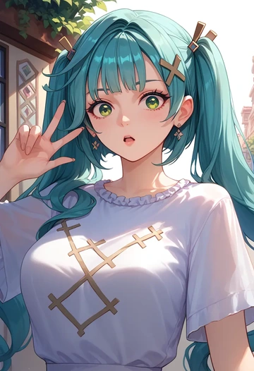 genshin impact,Faruzan,silk graffiti shirt,dolphin shorts  - AI generated anime art