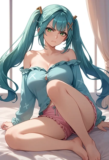 genshin impact,Faruzan,pajamas, low-waisted shorts  - AI generated anime art