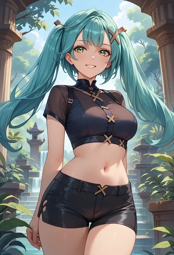 genshin impact,Faruzan,leather,shorts,crop top  - AI generated anime art