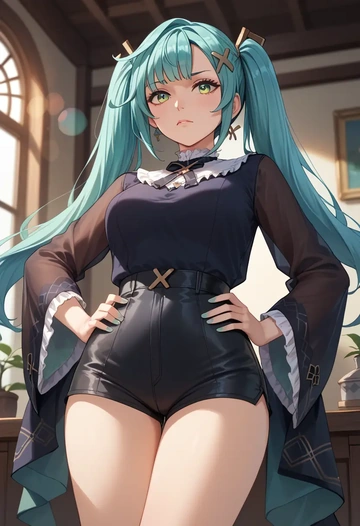 genshin impact,Faruzan,leather,shorts  - AI generated anime art