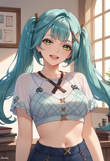 genshin impact,Faruzan,crop top,athletic shorts  - AI generated anime art