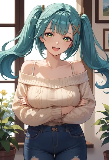 genshin impact,Faruzan,sweater,off-shoulder,ripped jeans  - AI generated anime art