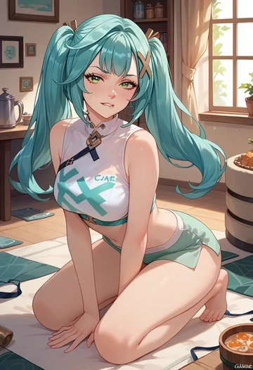 genshin impact,Faruzan,crop top,athletic shorts  - AI generated anime art