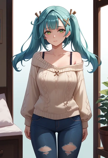 genshin impact,Faruzan,sweater,off-shoulder,ripped jeans  - AI generated anime art