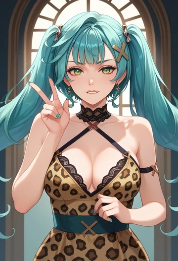 genshin impact,Faruzan,leopard print,silk slip dress  - AI generated anime art