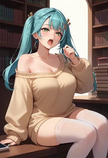 genshin impact,Faruzan,Yawning,off-shoulder,sweater,stockings  - AI generated anime art