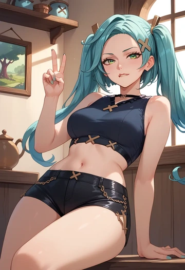 genshin impact,Faruzan,leather,shorts,crop top  - AI generated anime art