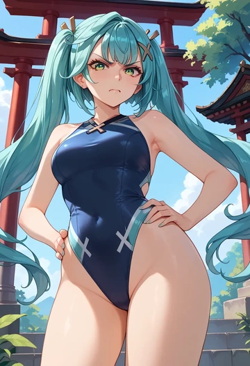 genshin impact,Faruzan,racerback swimsuit,striped trim,name tag patch  - AI generated anime art