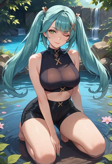 genshin impact,Faruzan,leather,shorts,crop top  - AI generated anime art