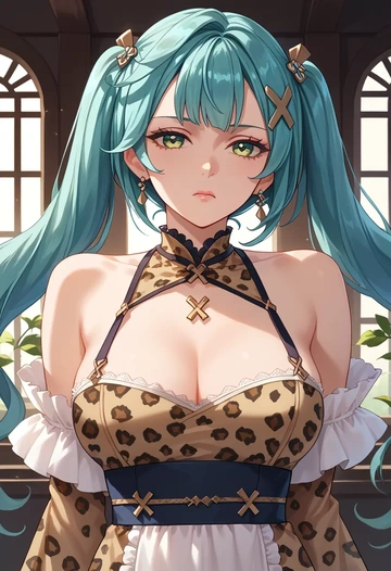 genshin impact,Faruzan,leopard print,silk slip dress  - AI generated anime art