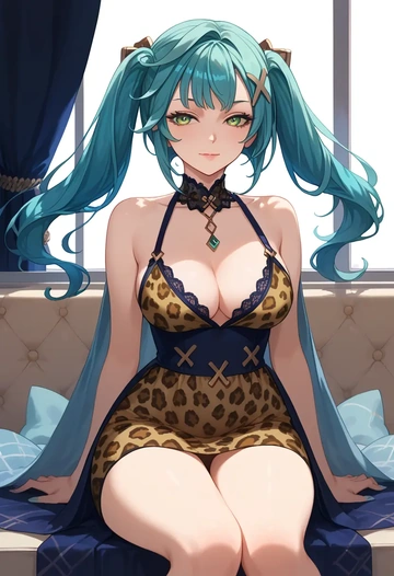 genshin impact,Faruzan,leopard print,silk slip dress  - AI generated anime art