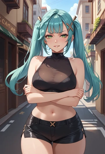 genshin impact,Faruzan,leather,shorts,crop top  - AI generated anime art