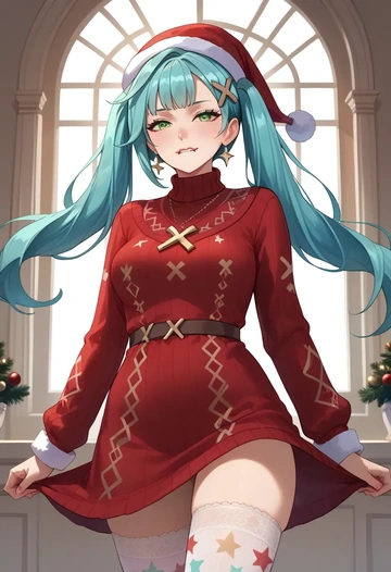 genshin impact,Faruzan,Christmas,sweater dress,stockings  - AI generated anime art