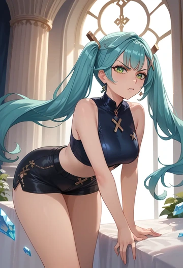 genshin impact,Faruzan,leather,shorts,crop top  - AI generated anime art