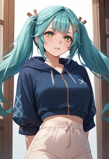 genshin impact,Faruzan,hoodie,cropped,high-waisted joggers  - AI generated anime art