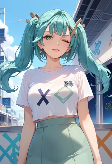 genshin impact,Faruzan,crop graffiti tee,dolphin shorts  - AI generated anime art