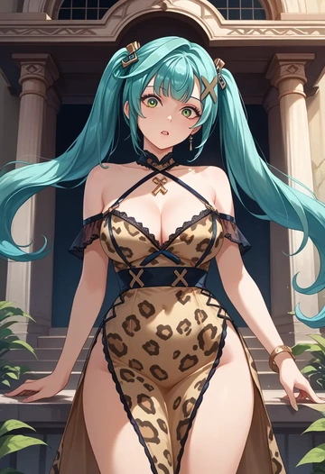 genshin impact,Faruzan,leopard print,silk slip dress  - AI generated anime art