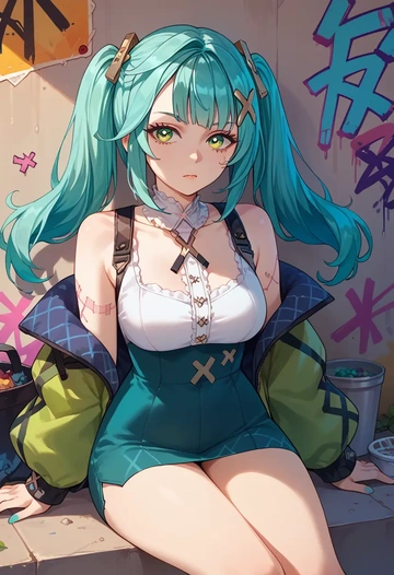 genshin impact,Faruzan,patchwork graffiti top,dolphin shorts  - AI generated anime art