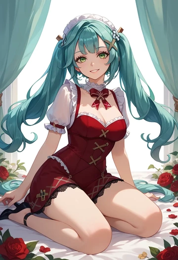 genshin impact,Faruzan,vampire corset,lace blouse,velvet skirt  - AI generated anime art