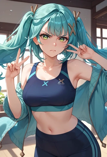 genshin impact,Faruzan,sports bra,wide-leg joggers  - AI generated anime art