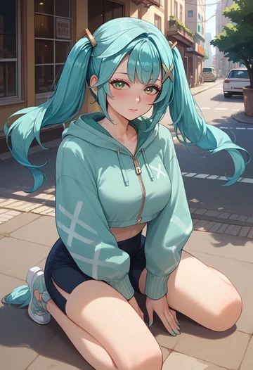 genshin impact,Faruzan,crop hoodie,shorts  - AI generated anime art