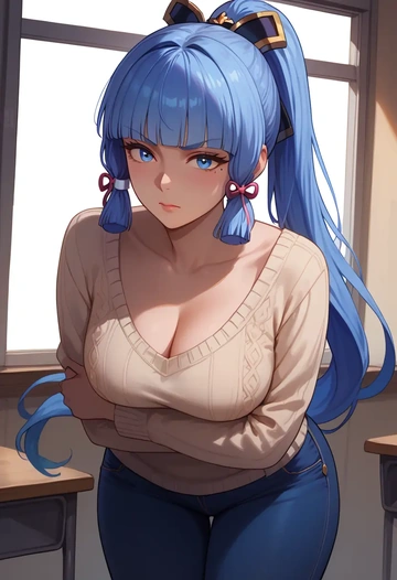 genshin impact,Kamisato_Ayaka,teacher, sweater, jeans shorts  - AI generated anime art