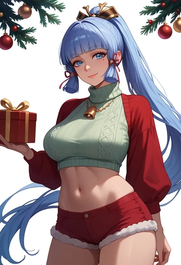 genshin impact,Kamisato_Ayaka,Christmas,red velvet shorts,turtleneck sweater  - AI generated anime art