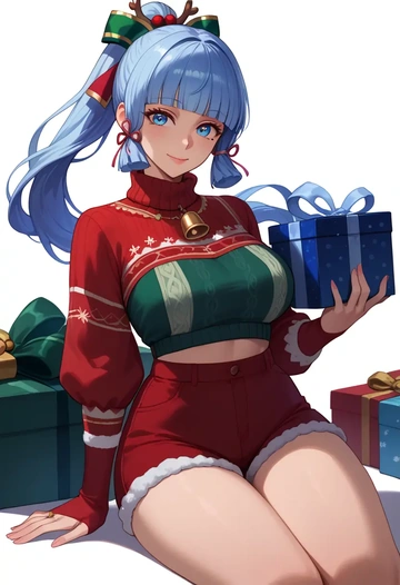 genshin impact,Kamisato_Ayaka,Christmas,red velvet shorts,turtleneck sweater  - AI generated anime art