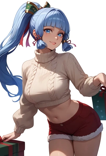 genshin impact,Kamisato_Ayaka,Christmas,red velvet shorts,turtleneck sweater  - AI generated anime art