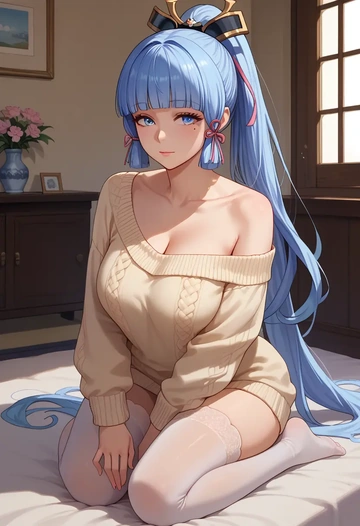 genshin impact,Kamisato_Ayaka,off-shoulder,sweater  - AI generated anime art