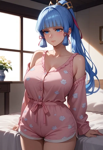 genshin impact,Kamisato_Ayaka,pajamas, low-waisted shorts  - AI generated anime art