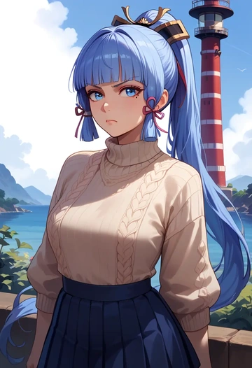 genshin impact,Kamisato_Ayaka,sweater,cropped,pleated midi skirt  - AI generated anime art