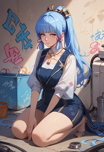 genshin impact,Kamisato_Ayaka,patchwork graffiti top,dolphin shorts  - AI generated anime art