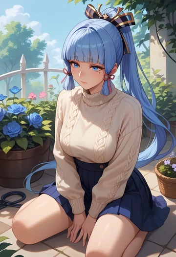 genshin impact,Kamisato_Ayaka,sweater,cropped,pleated midi skirt  - AI generated anime art