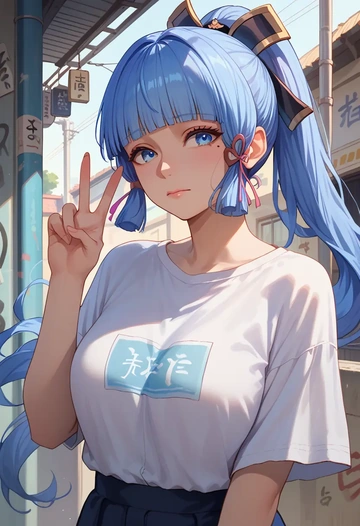 genshin impact,Kamisato_Ayaka,oversized graffiti shirt,dolphin shorts  - AI generated anime art