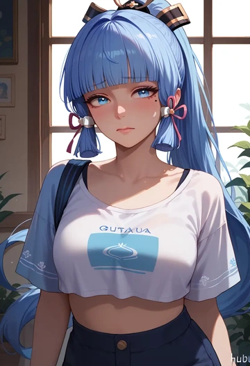 genshin impact,Kamisato_Ayaka,crop top,athletic shorts  - AI generated anime art