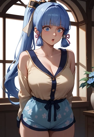 genshin impact,Kamisato_Ayaka,pajamas, low-waisted shorts  - AI generated anime art