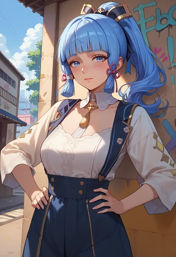 genshin impact,Kamisato_Ayaka,patchwork graffiti top,dolphin shorts  - AI generated anime art