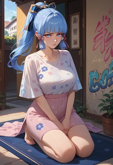 genshin impact,Kamisato_Ayaka,silk graffiti shirt,dolphin shorts  - AI generated anime art