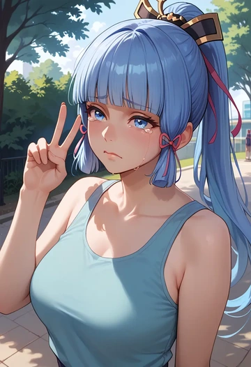 genshin impact,Kamisato_Ayaka,tank top,mesh,cycling shorts  - AI generated anime art