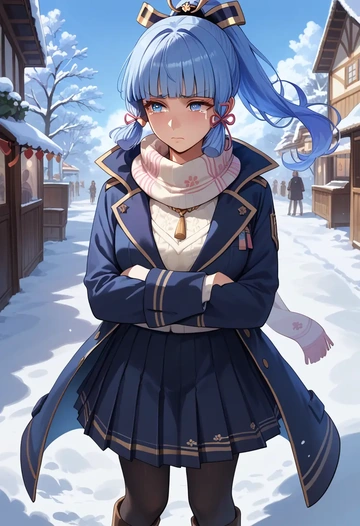 genshin impact,Kamisato_Ayaka,winter,student uniform,puffer coat  - AI generated anime art