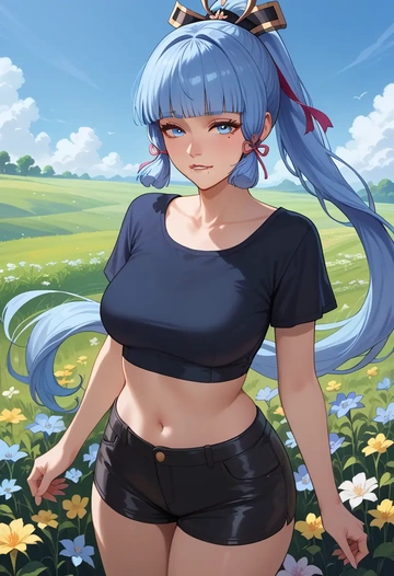 genshin impact,Kamisato_Ayaka,leather,shorts,crop top  - AI generated anime art