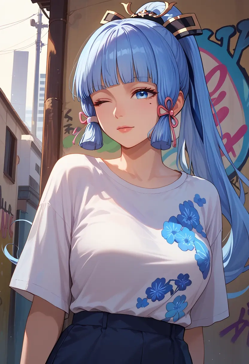 genshin impact,Kamisato_Ayaka,oversized graffiti shirt,dolphin shorts  - 