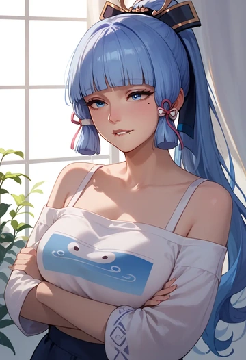 genshin impact,Kamisato_Ayaka,off-shoulder top,dolphin shorts  - AI generated anime art