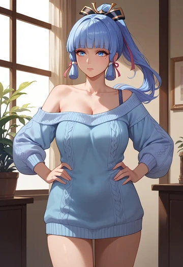 genshin impact,Kamisato_Ayaka,Hands on hips,off-shoulder,sweater  - AI generated anime art