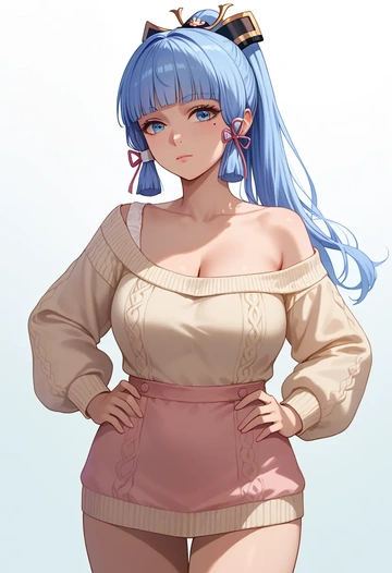 genshin impact,Kamisato_Ayaka,Hands on hips,off-shoulder,sweater  - AI generated anime art