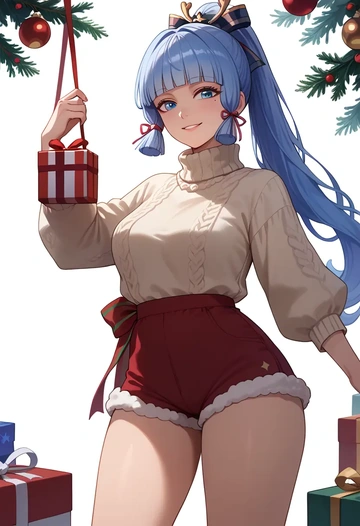 genshin impact,Kamisato_Ayaka,Christmas,red velvet shorts,turtleneck sweater  - AI generated anime art