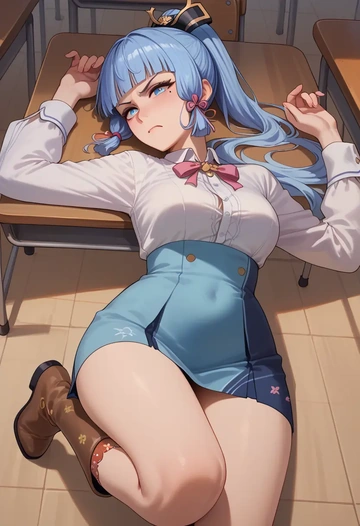 genshin impact,Kamisato_Ayaka,shirt dress,belted,stockings  - AI generated anime art