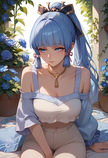 genshin impact,Kamisato_Ayaka,off-shoulder top,dolphin shorts  - AI generated anime art