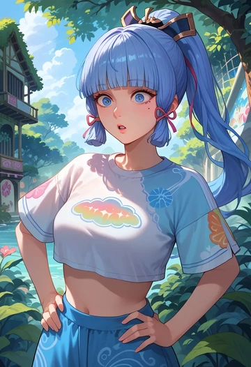 genshin impact,Kamisato_Ayaka,cropped graffiti sweatshirt,dolphin shorts  - AI generated anime art